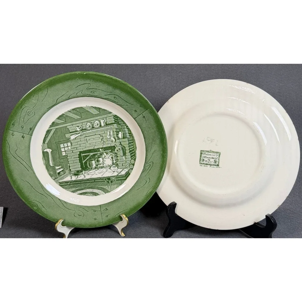 Royal China‎ Colonial Homestead Green Transferware Dinner Plates Set of 2 USA